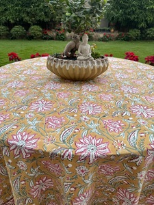 Venta al por mayor hecho a mano Biscotti amarillo indio Floral mano bloque impreso puro algodón personalizable mantel cubierta de mesa granja - Product Image 3