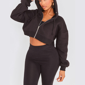 Sudadera con capucha recortada y cremallera de gran tamaño con logotipo frontal, conjunto de pantalones de chándal de algodón 100% para mujer, Jogger con hombros caídos para invierno - Product Image 4