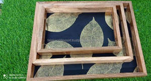 Plateau de service en bois d'acacia, plateau artisanal en bois et en meena personnalisé pour la décoration de la maison, ensemble de plateaux carrés, plateaux en bois en gros - Product Image 2