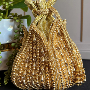 Bolso Potli para mujer estilo Lotus Potli adornado, bolso con cordón para monedas para mujer, tela, Perla de seda, boda, regalo de Navidad para invitados - Product Image 1