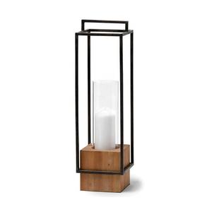 Modern Rectangular Long <b>Pillar</b> Lantern Wooden Base with Metallic Frame Black Color for Christmas Decoration - Product Image 1