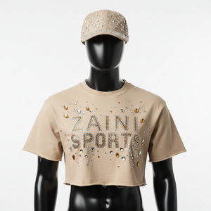 Women High Quality Cotton Jersey Crop Top T Shirt 200 GSM Nude Beige Luxury Rhinestone Heat Press Logo women's shirt - Product Image 6