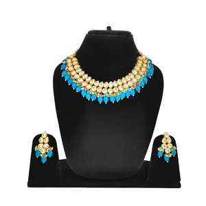 Conjunto de Collar Kundan Azul Cielo Oscuro Chapado en Oro, Joyería Nupcial Fina Vintage con Cuentas Multicolores y Rubí para Boda - Product Image 1