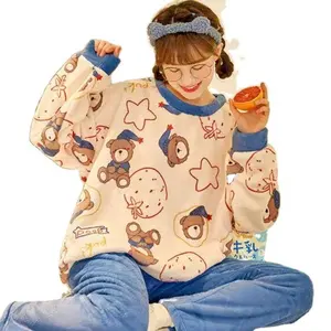 Women's Pajamas Winter Flannel Warm Long-sleeved Sleepwear Thick Coral Fleece Night Wear Korean Cartoons Living Room Home Wear