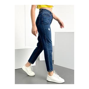 Pantaloni in Denim di cotone 100% senza Lycra da donna blu sfilacciati - Product Image 3