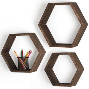 Étagères murales flottantes en bois massif en trois parties en forme d'hexagone étagère de rangement murale pour la maison hôtels salon cuisine décor - Product Image 2
