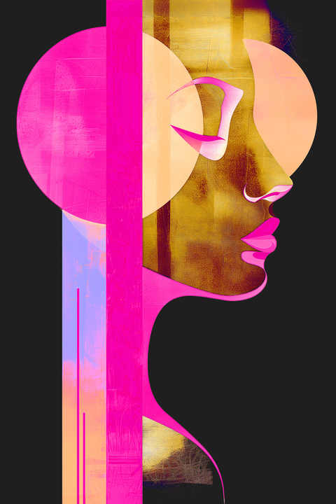 Made In Germany - Home Decor Canvas Picture Woman With Shapes - Wall Mural In Black And Pink - Canvas Picture On Stretcher Frame