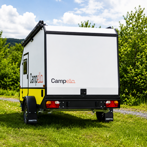 Mini Caravana Campella para 2 Personas, Remolque de Viaje de Aluminio Amarillo, RV Ligero y Moderno para Acampar con Caja de Almacenamiento - Product Image 3
