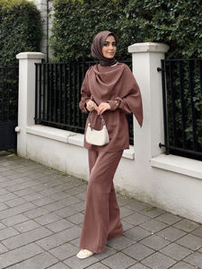 Conjunto de 2 Piezas para Mujer, Color Sólido, Casual, Antiarrugas, Minimalista, Diseño Asimétrico con Tela Drapeada, Top Marrón a Media Pantorrilla + Pantalones - Product Image 5