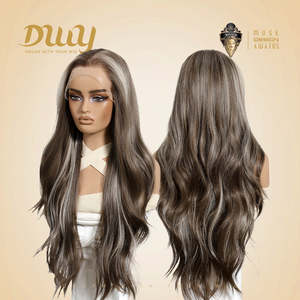 Perruque synthétique ondulée naturelle Misty-DWY avec raie libre, 136 Balayage Brun foncé blond avec dentelle frontale transparente - Product Image 4