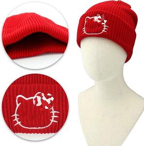 Anime Red Beanies Cartoon Embroidered White Beanie Knitted Hat for Autumn Winter Warm Kitty Beanies for Christmas Halloween - Product Image 3