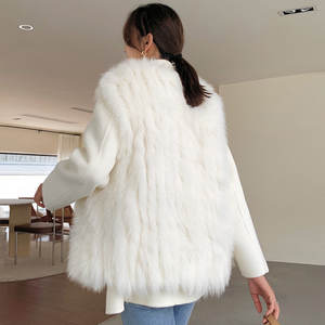 Abrigo de cachemira XL de moda para mujer con chaleco de piel de zorro desmontable de cuello alto, tejido transpirable teñido con estampado de piel sintética de cuello alto largo - Product Image 2