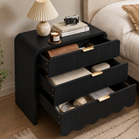 Table de chevet noire à 3 tiroirs cannelés, armoire de rangement en panneaux de particules ondulés pour chambre à coucher et appartement