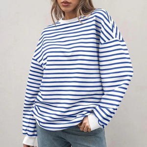 2025 nueva sudadera de gran tamaño para mujer, Sudadera con capucha de manga larga a rayas con cuello redondo bordado para el verano - Product Image 1