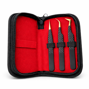 Juego de Pinzas de Precisión para Extensión de Pestañas Profesionales de Alta Calidad, Punta Dorada, Antideslizantes, de Acero Inoxidable, Ligeras, con Estuche - Product Image 1