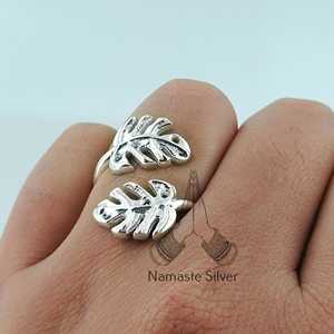 Adjustable Boho Monstera Leaf Sterling <b>Silver</b> <b>Statement</b> <b>Ring</b> Handmade for Palm Plant Lover Birthday Anniversary Gift for Her - Product Image 3