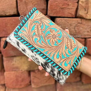 Nueva llegada elegante billetera de cuero genuino occidental para mujer piel tallada a mano embrague multiuso teléfono señoras de moda - Product Image 3