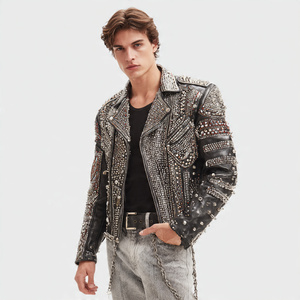 Motor Bike Silver <b>Studded</b> Leather Jacket <b>Men's</b> Letterman Rhinestone Fashion Wear Leather Jackets OEM Silver <b>Studded</b> PU Jacket - Product Image 1