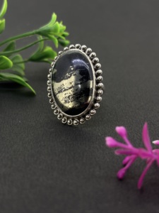 Bague de mariage vintage unisexe en argent sterling 925 avec pierre précieuse en pyrite naturelle de forme ovale, sertie dans un cadre - Product Image 3