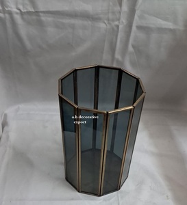 Blue/Smoked Glass <b>Lantern</b> with Brass Frame Metal Votive & Tealight Jar Holder Home Decor Wedding Centerpiece Candle Pillar - Product Image 3