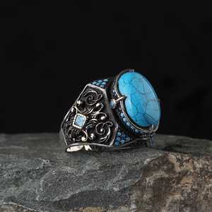 Bague de luxe pour homme style ottoman, pierre naturelle taille ovale, argent sterling 925, faite à la main en Turquie, logo personnalisé pour mariage - Product Image 1