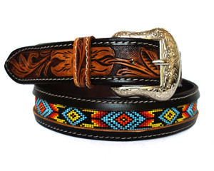 Ceintures en cuir de vachette de haute qualité de longueur personnalisée avec boucle en laiton de style occidental perlé à la main Logo personnalisé unisexe - Product Image 1