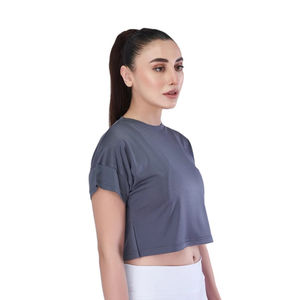 T-shirt court d'été à manches courtes et à col rond pour femmes, tricoté 100% coton, écologique, décontracté, pour le yoga et la gymnastique. - Product Image 5
