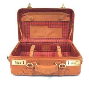 Retro <b>Traveler</b> Handmade Leather Luggage with <b>Lock</b> and British Plaid Interior Handmade From Indonesia - Product Image 1