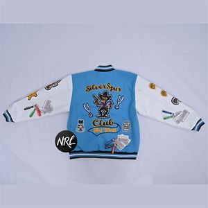 Wholesale High Quality Mens Blue Varsity <b>Jackets</b> With Embroidered Patches And Silver Spur Design Casual Autumn Wear Breathable - Product Image 2