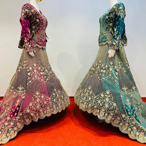 Lehenga เสื้อครอปกำมะหยี่สำหรับงานหนักหินจาร์กันมาบานตร้าคอลเลคชั่นเฉดสีเข้มสำหรับงานแต่งงาน - Product Image 1