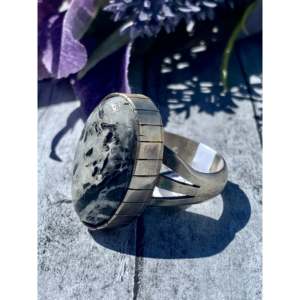 Merle House <b>Adjustable</b> <b>Ring</b> White Buffalo & Sterling Silver Rose Gold Plating Bezel Set Oval Cut Diamond Size 11 Perfect Gift - Product Image 4