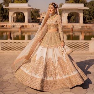 DESIGNER HEAVY GOLD EMBROIDERY on WHITE BRIDAL <b>BLOUSE</b> & LEHENGA WITH EMBELLISHED CRYSTAL GLASS BEADS,DABKA WORK for WEDDING@2024 - Product Image 1
