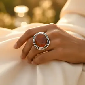 925 银红玉髓戒指女式精致个性首饰镀铑宝石戒指锆石镶嵌承诺戒指 - Product Image 2