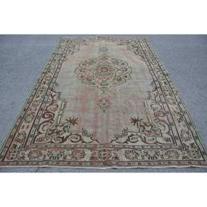 Tapis turc vintage écologique classique beige brun 6,4 x 10 pieds grand format patchwork en laine à poils moyens rectangulaire pour salle à manger - Product Image 1