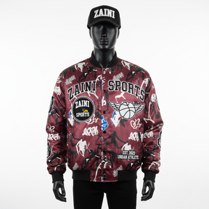 Veste en satin premium 220GSM Tissu doux et brillant en design graffiti bordeaux avec logo brodé multi-patch Veste en satin pour homme - Product Image 1