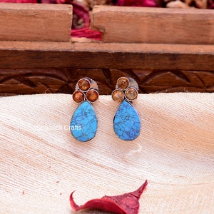 New Arrival German Silver Stone <b>Stud</b> <b>Blue</b> Gemstone <b>Earrings</b> Stylish Women & Girls Handmade Jewellery for Wedding Party Wear - Product Image 3