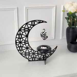 Lanterne de lune du Ramadan en bois, support en MDF, silhouette de croissant, décoration de table islamique Eid Mubarak, décoration de bureau à domicile, ornements, cadeaux - Product Image 3