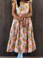 Robe longue indienne en coton bio pour femme, imprimé floral décontracté, col bateau, coupe évasée, vente en gros