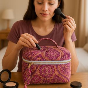Bolsa de Maquillaje de Algodón Estampada a Mano de Jaipur, Bolsa de Cosméticos con Cremallera, Floral, Reutilizable, Ecológica, Ligera, para Viaje - Product Image 1
