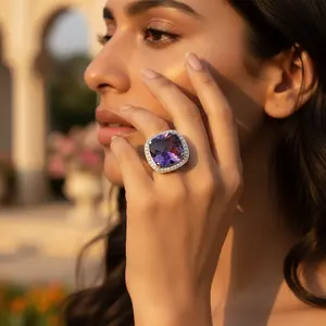 Bague statement en argent avec pierre précieuse améthyste pour femme, bijoux élégants - Product Image 2