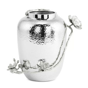 Vase rectangulaire en acier inoxydable poli de qualité fine avec branche florale en laiton et fleurs de fleurs de cerisier en émail maison élégante - Product Image 3