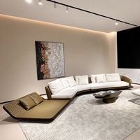 Canapé modulaire en forme de L, moderne et écologique, vert olive et blanc, avec chaise longue et plateforme d'extension, pour usage hôtelier