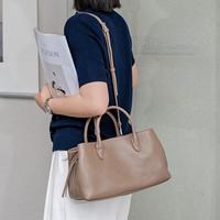 Tas Tote Kulit Bertekstur Sedang Wanita Warna Khaki dengan Saku Resleting Samping, Tas Selempang Pegangan Ganda, Tas Tote Harian