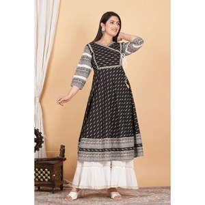 Anarkali <b>Kurta</b> Dress in Cotton & Cotton Slub Ikat, Stylish Georgette Salwar Kameez for Parties Perfect Gift for Festivals - Product Image 3