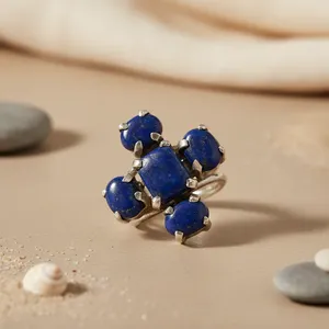 A 925 Silver <b>Lapis</b> <b>Lazuli</b> Cluster <b>Ring</b> Bohemian Style Prong Setting Geometric Design Women's Everyday Wear From Rajasthan - Product Image 3