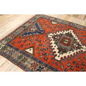 Tapis turc vintage en laine de grande taille 6,7x9,3 pieds, design patchwork écologique, rouge et bleu, avec envers en latex - Product Image 4