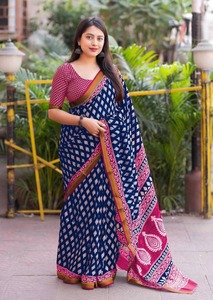 Patrón contemporáneo a granel-Saris de algodón estampados en bloque de diseñador Tela suave moderna para uso diario informal Suministro directo de fiesta - Product Image 6