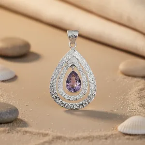 Collier pendentif en argent sterling fait main, or rose, améthyste, forme de larme, hypoallergénique, pour femmes - Product Image 3