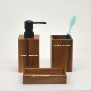 El juego de accesorios de baño de madera de 3 piezas incluye dispensador de jabón, soporte para cepillo de dientes y jabonera en madera natural ecológica - Product Image 1