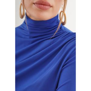 Chemisier bleu marine à col montant avec fronces aux épaules et à la taille en tissu tricoté – Vente en gros - Product Image 3